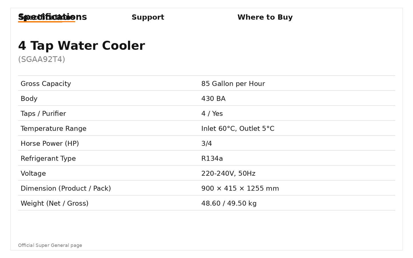 Super General SGAA 92 T4 92L 4-Tap Water Cooler