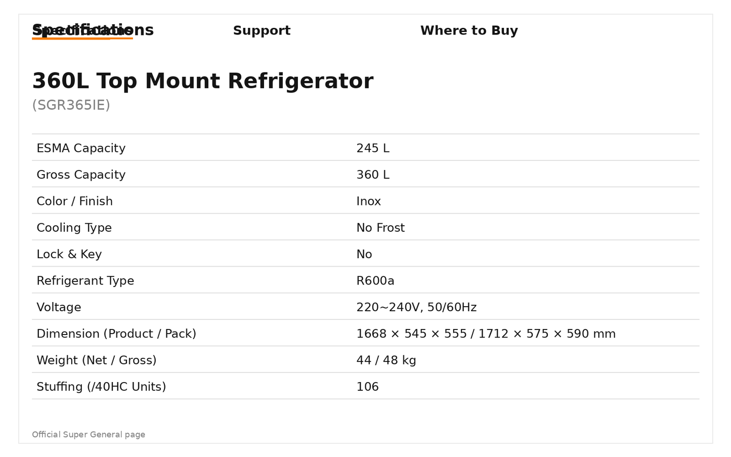 Super General SGR 365 IE Double-Door No-Frost Inverter Refrigerator (360 L)