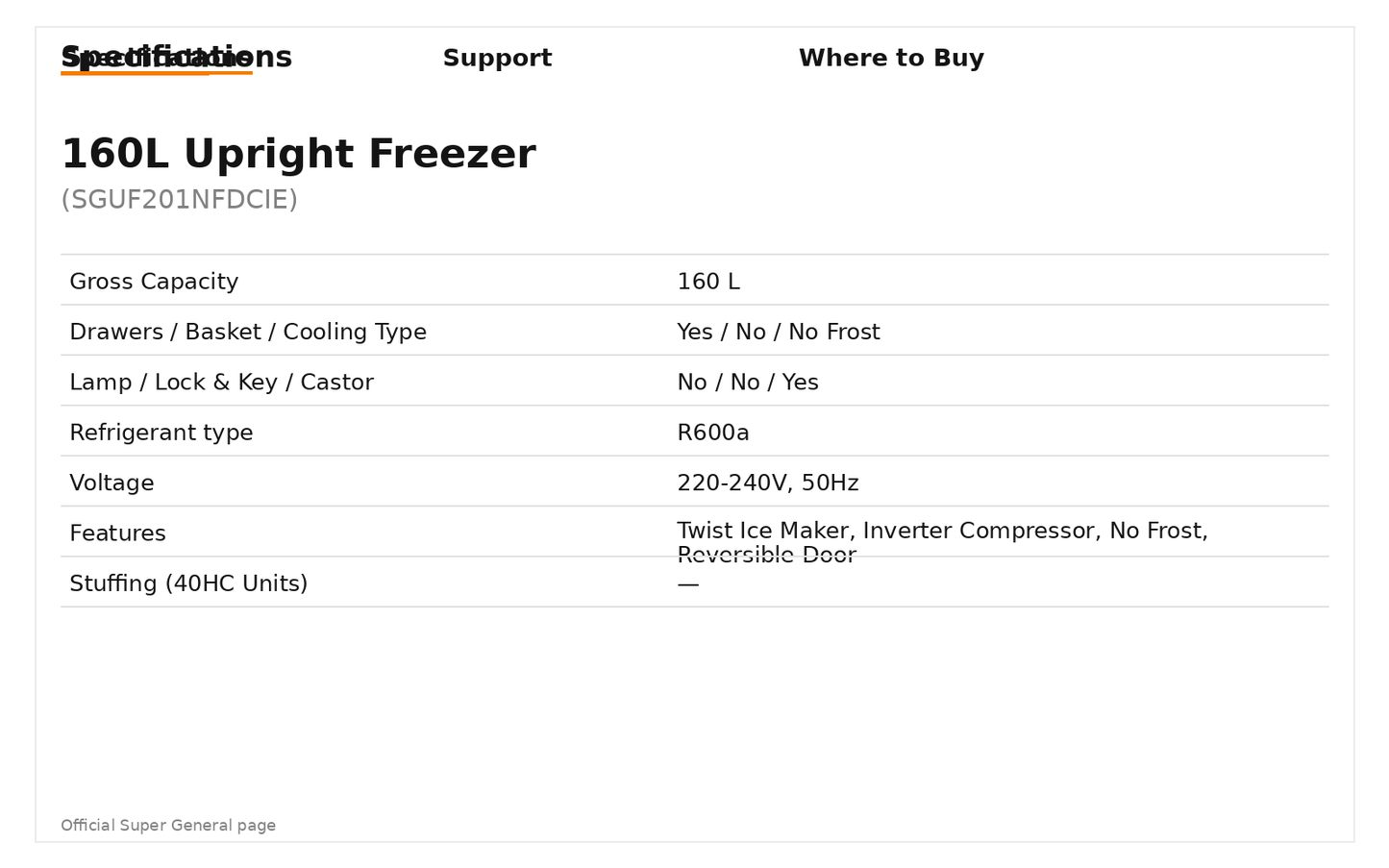 Super General SGUF 201 NFDC 160L Upright Freezer