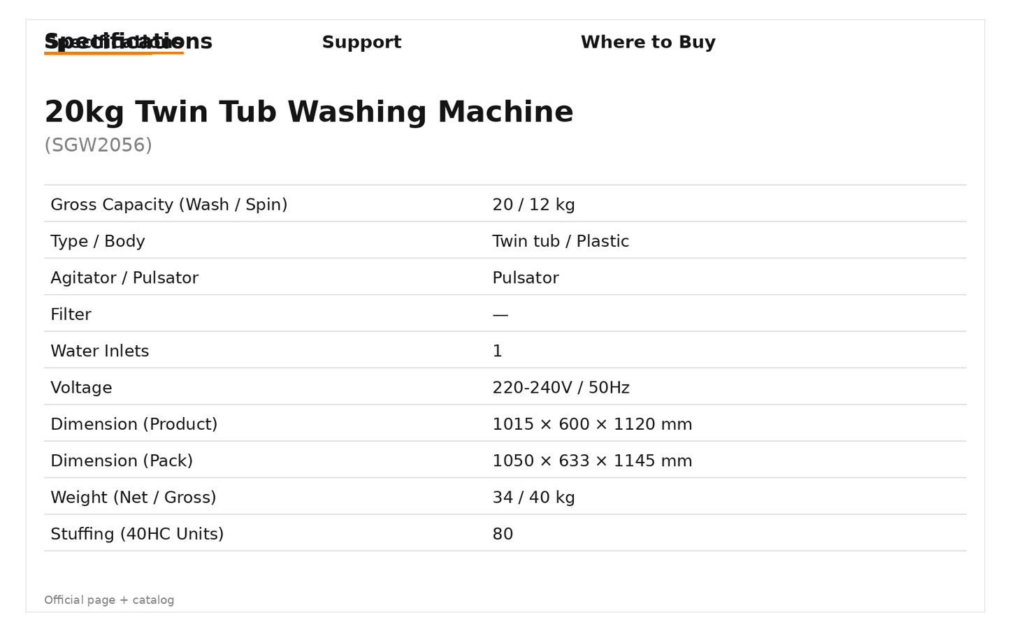 Super General SGW 2056 20 Kg Twin Tub Washing Machine