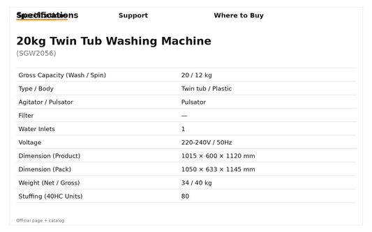 Super General SGW 2056 20 Kg Twin Tub Washing Machine