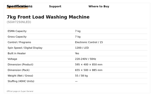 Super General SGW 7250 Front-Load Washing Machine (7 kg)
