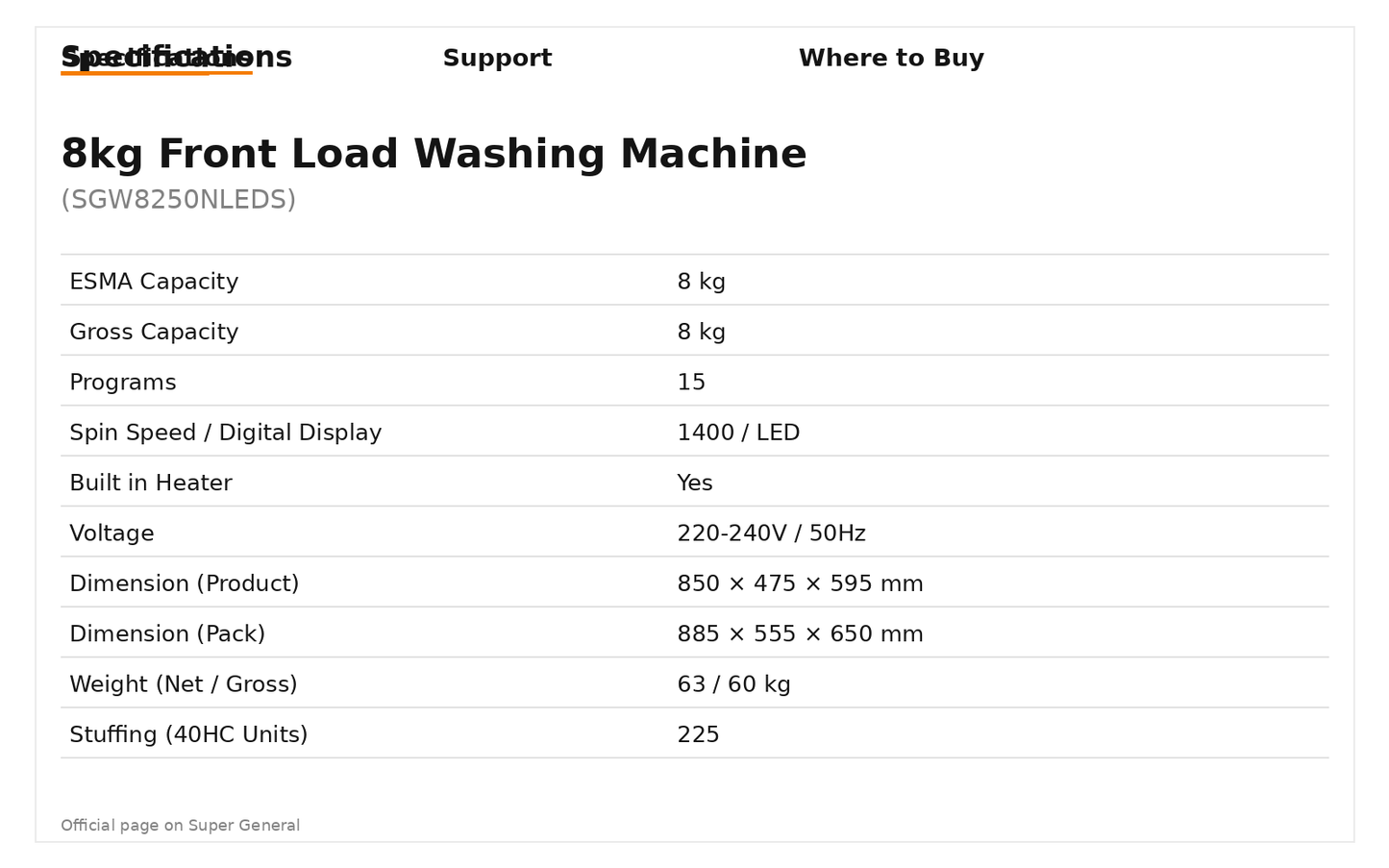 Super General SGW 8250 Front-Load Washing Machine (8 kg)