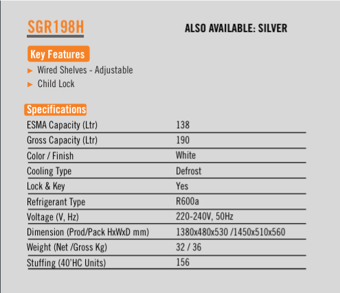 Super General SGR 198 HSE 190L Top Mount Double Door Refrigerator