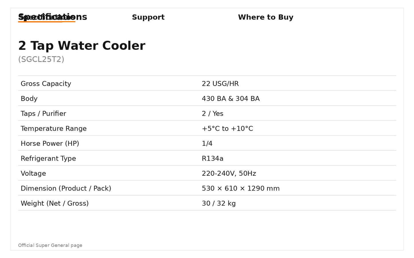 Super General SGCL 25 T2 25L 2-Tap Water Cooler