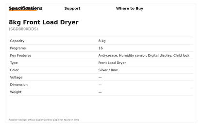 Super General SGD 8800 DDS 8 Kg Front Load Dryer