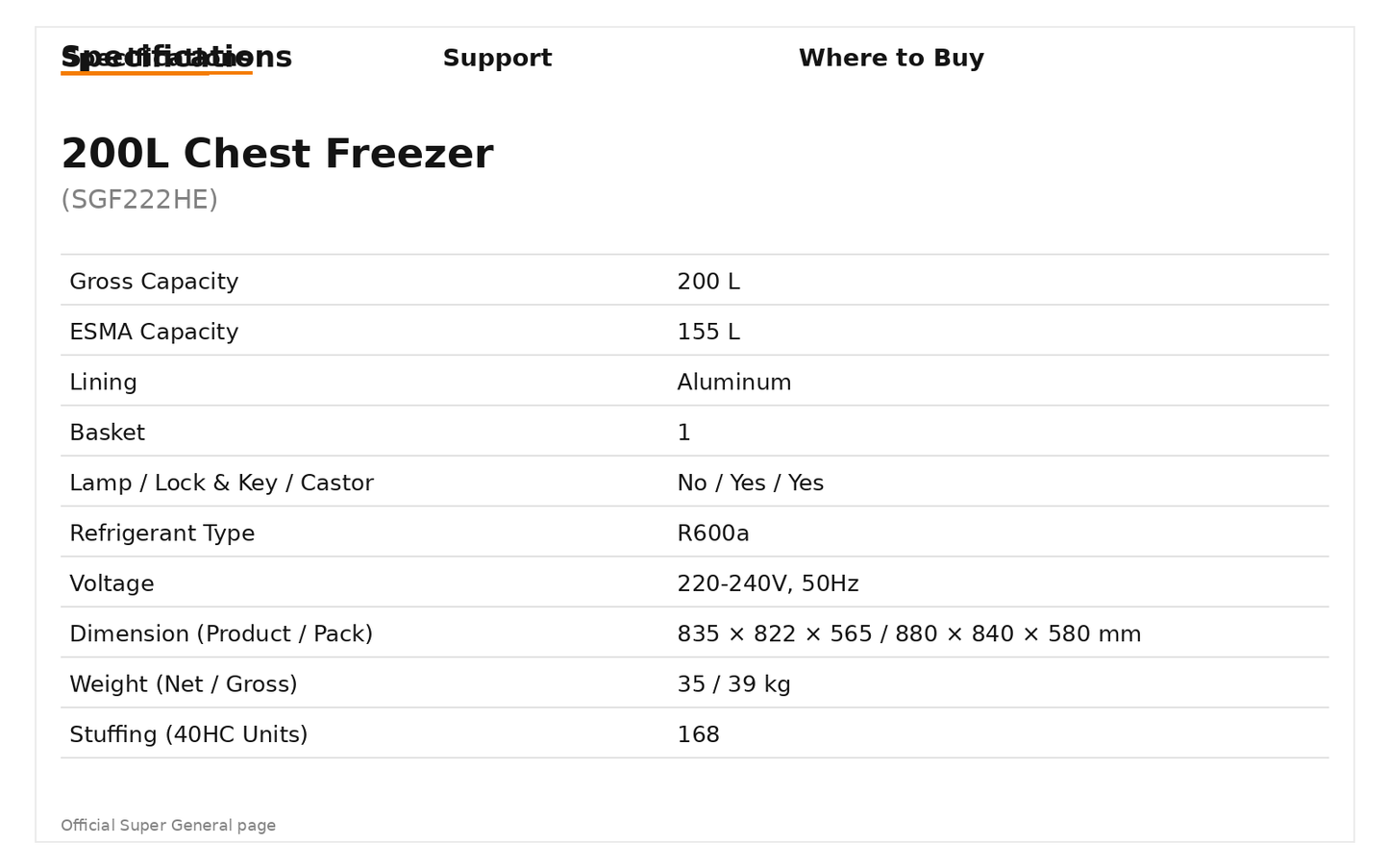 Super General SGF 222 Chest Freezer (200 L)