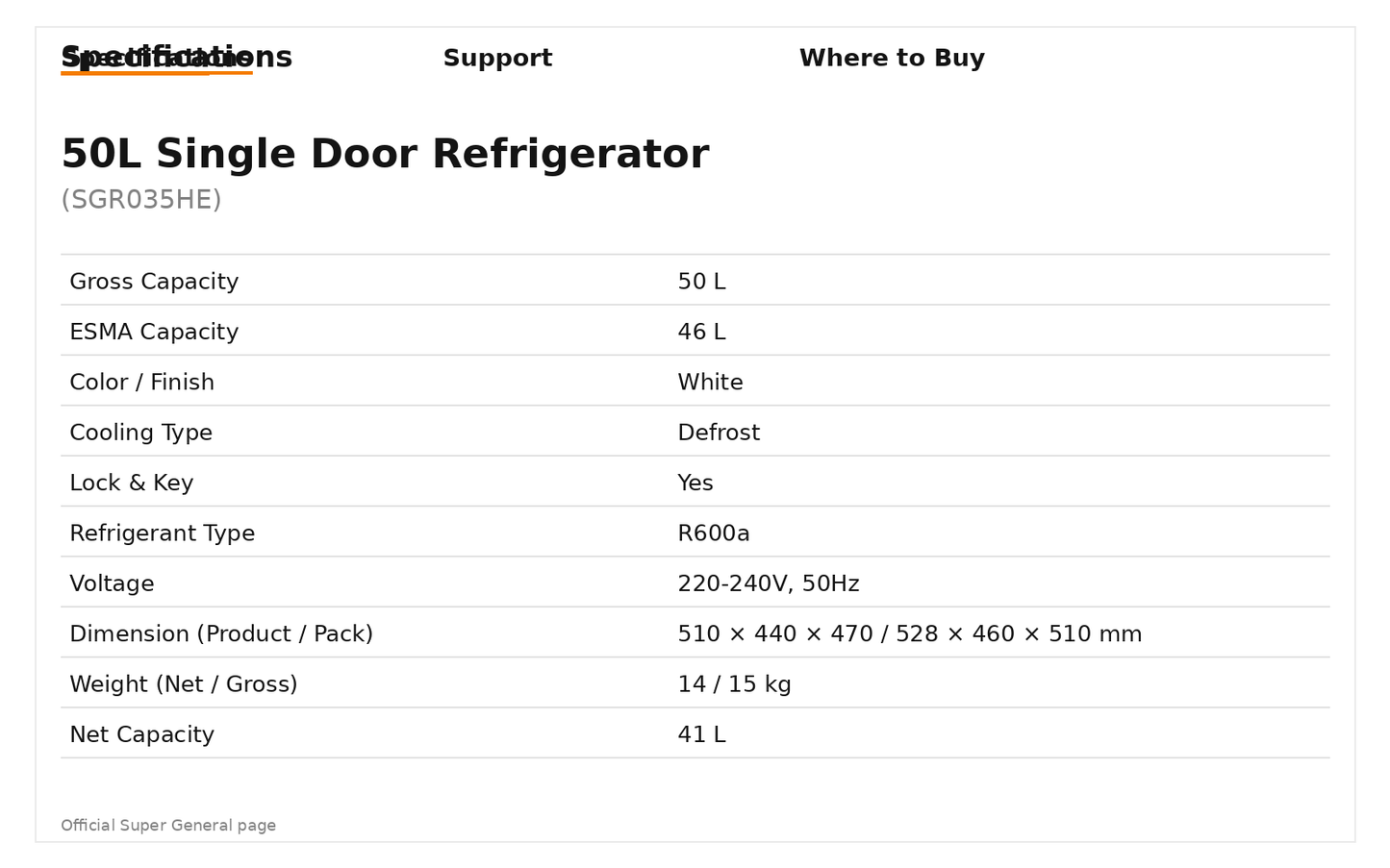 Super General SGR 035 HE 50L Single Door Refrigerator