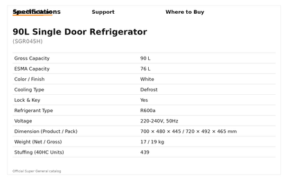 Super General SGR 045 H Single-Door Mini Refrigerator (90 L)