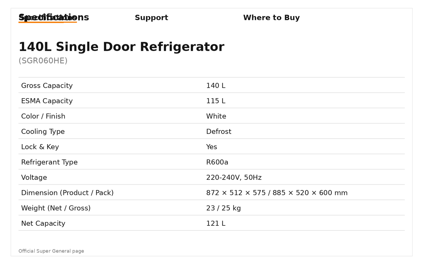 Super General SGR 060 HE Single-Door Refrigerator (140 L)