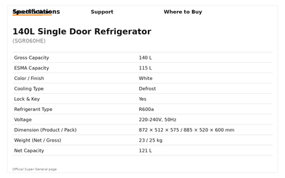 Super General SGR 060 HE Single-Door Refrigerator (140 L)