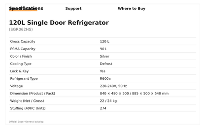 Super General SGR 062 HS Single-Door Refrigerator (120 L; Silver)