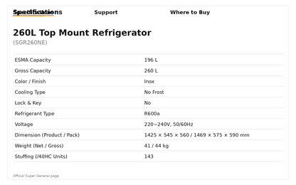 Super General SGR 260 NE Double-Door No-Frost Refrigerator (260 L)
