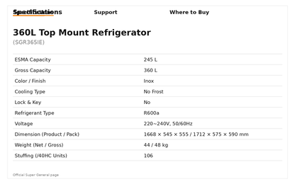 Super General SGR 365 IE Double-Door No-Frost Inverter Refrigerator (360 L)