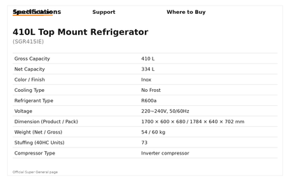 Super General SGR 415 I/E 410L Top Mount Refrigerator