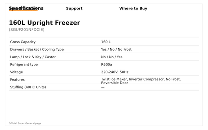 Super General SGUF 201 NFDC 160L Upright Freezer