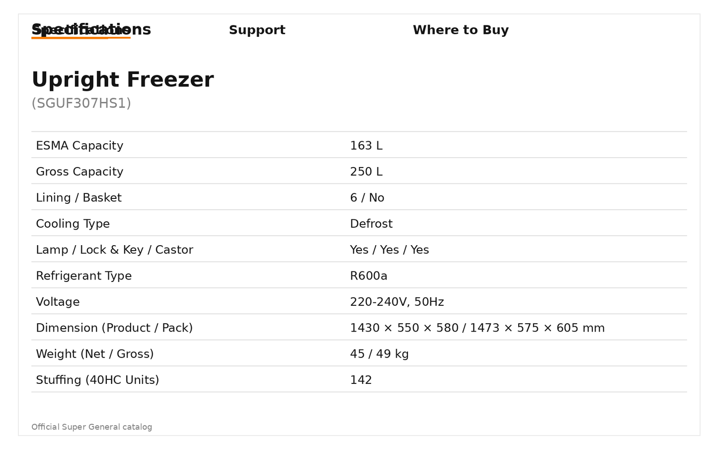 Super General SGUF 307 Upright Freezer (307 L)