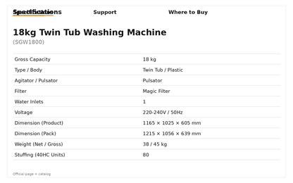 Super General SGW 1800 18 Kg Twin Tub Washing Machine