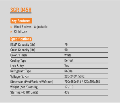 Super General SGR 045 H Single-Door Mini Refrigerator (90 L)