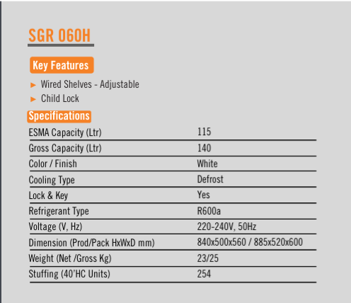 Super General SGR 060 HE Single-Door Refrigerator (140 L)