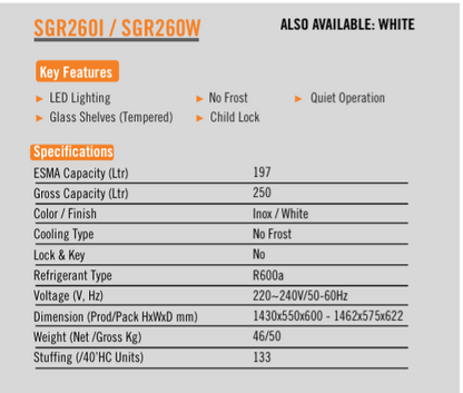 Super General SGR 260 NE Double-Door No-Frost Refrigerator (260 L)